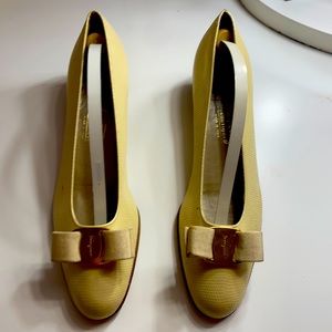 Pale yellow Ferragamo block heels